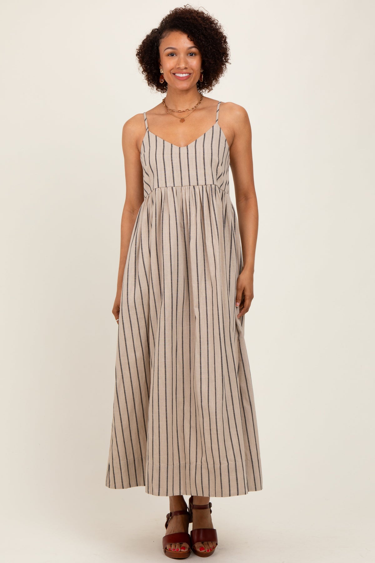Beige Striped Linen Blend Maternity Maxi Dress
