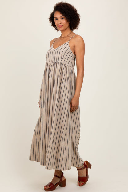 Beige Striped Linen Blend Maxi Dress