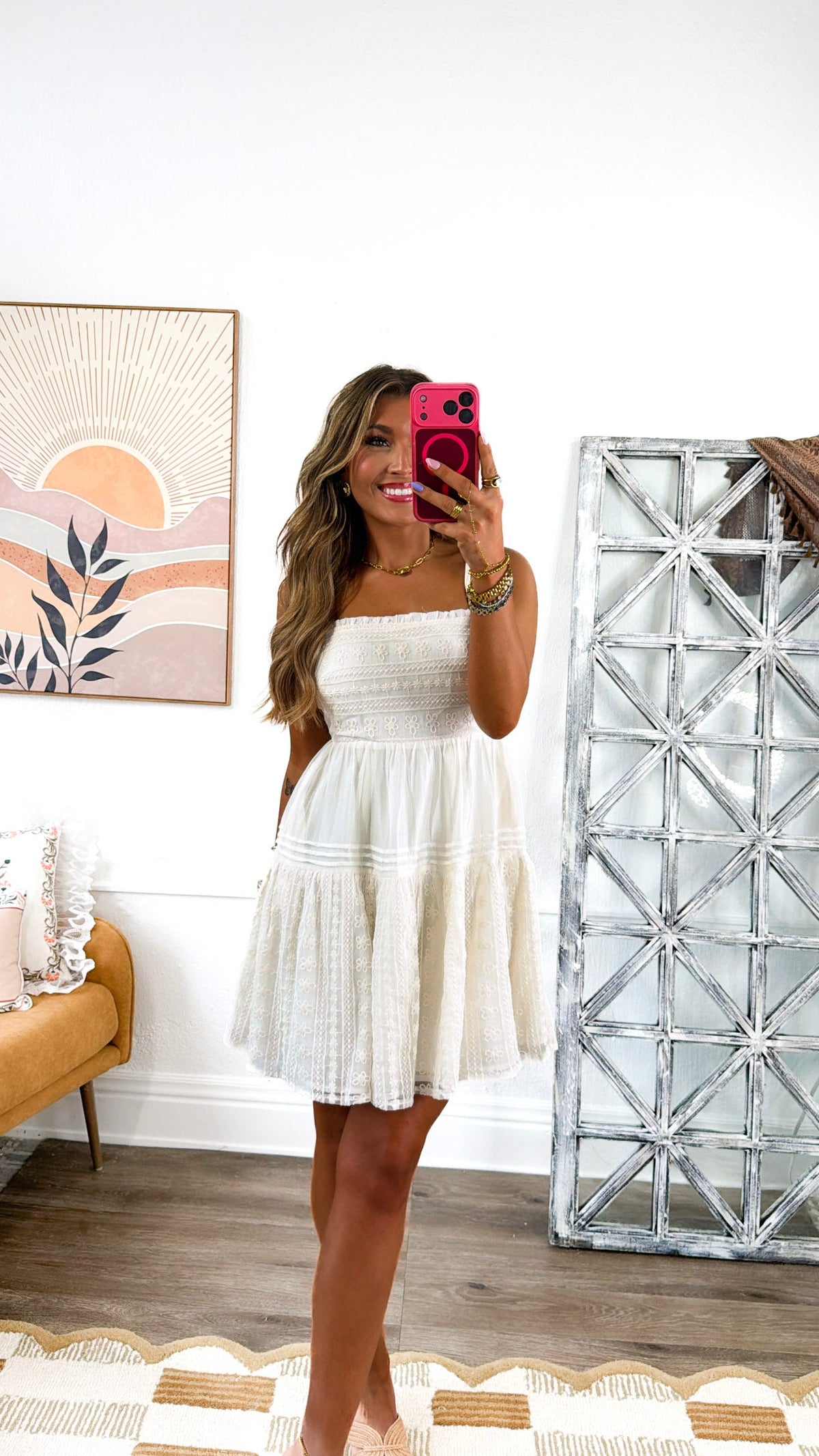 Floral Embroidered Babydoll Dress, Ecru
