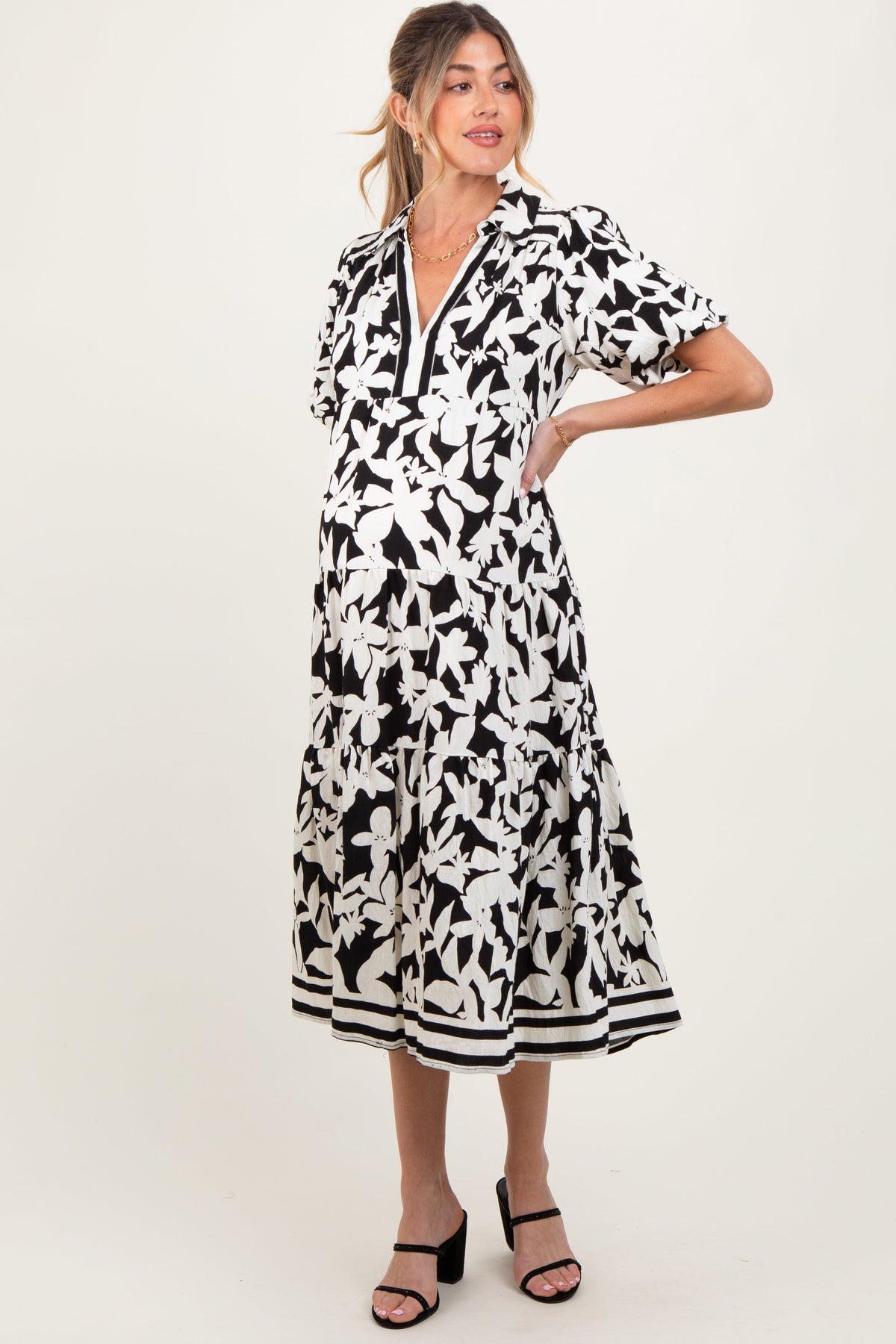 Black Botanical Print A Line Tiered Maternity Dress