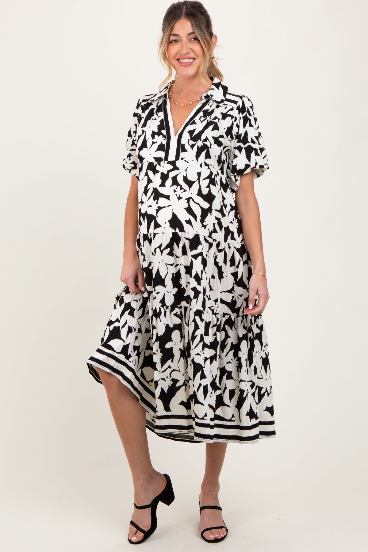 Black Botanical Print A Line Tiered Maternity Dress