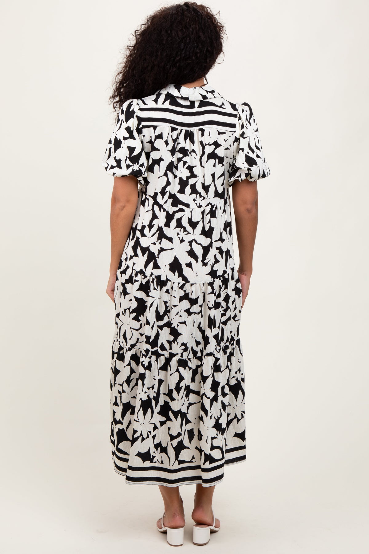 Black Botanical Print A Line Tiered Dress