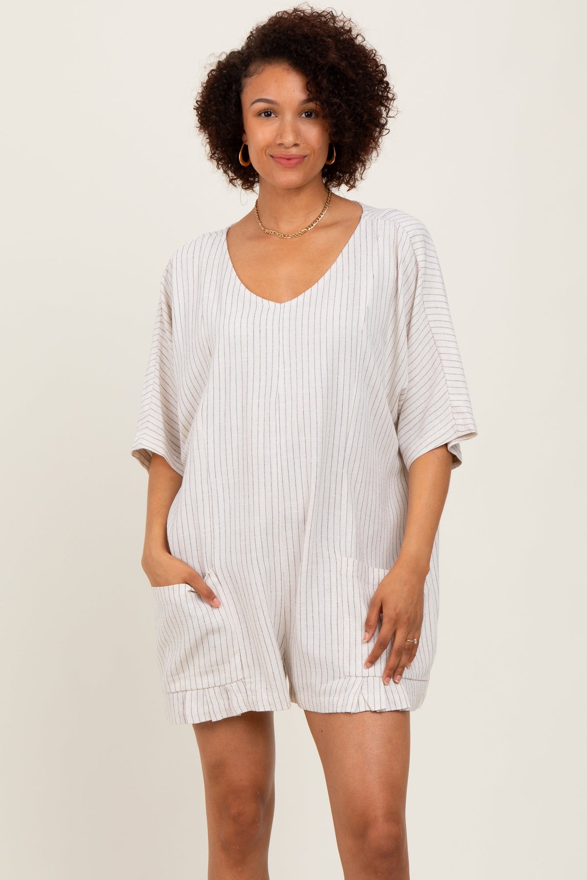 Beige Stripe Dolman Sleeve Linen Blend Maternity Romper