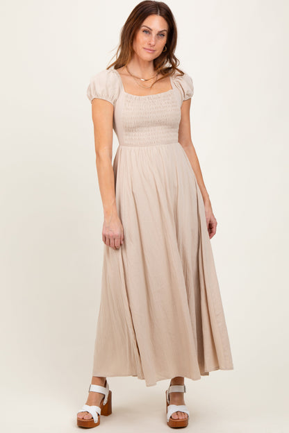 Beige Square Neck Smocked Top Criss Cross Back Tie Maternity Maxi Dress