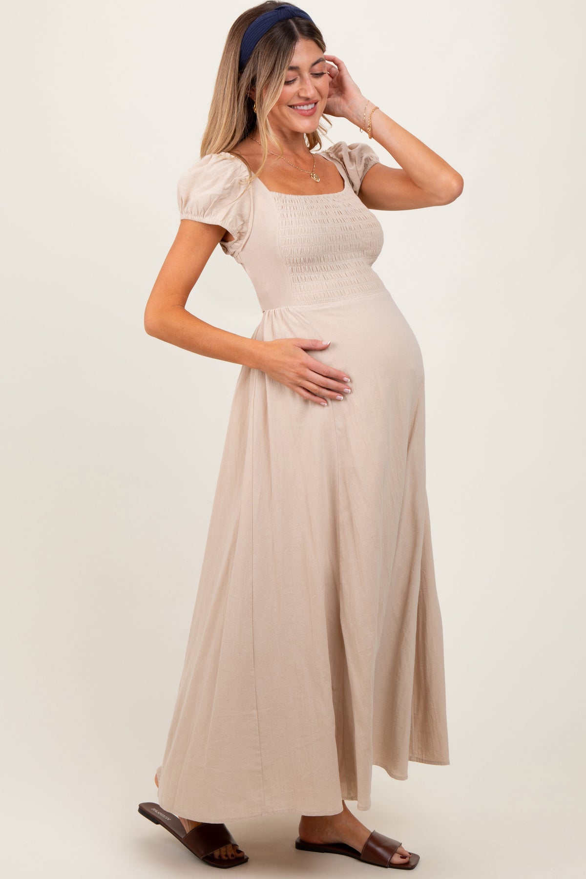Beige Square Neck Smocked Top Criss Cross Back Tie Maternity Maxi Dress