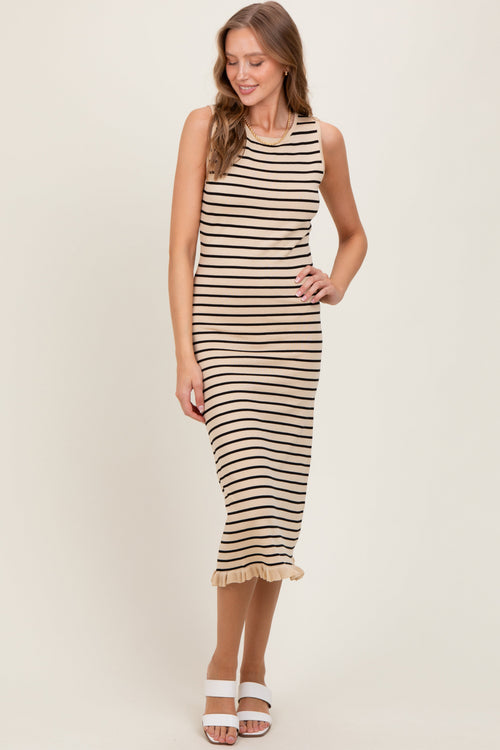 Beige Striped Knit Sleeveless Ruffle Hem Midi Dress