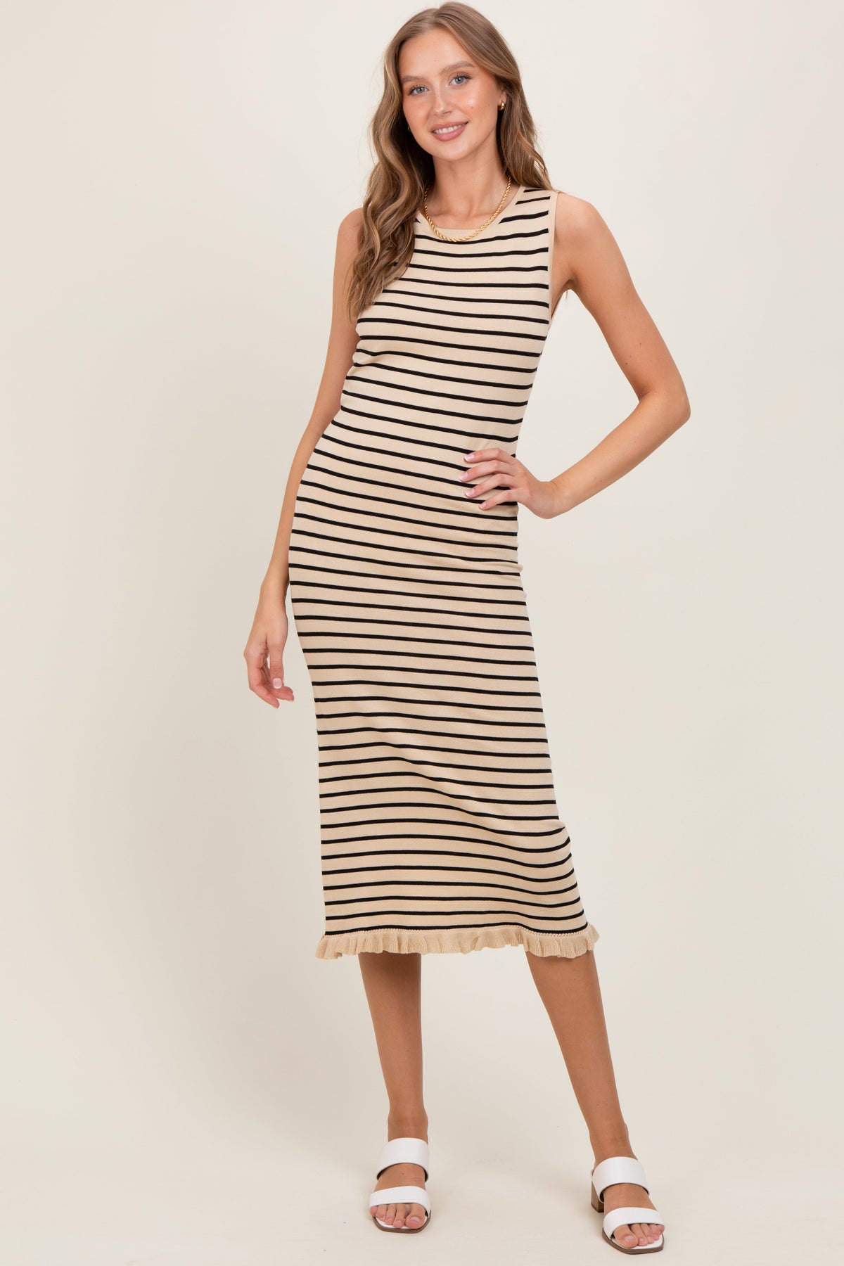 Beige Striped Knit Sleeveless Ruffle Hem Midi Dress