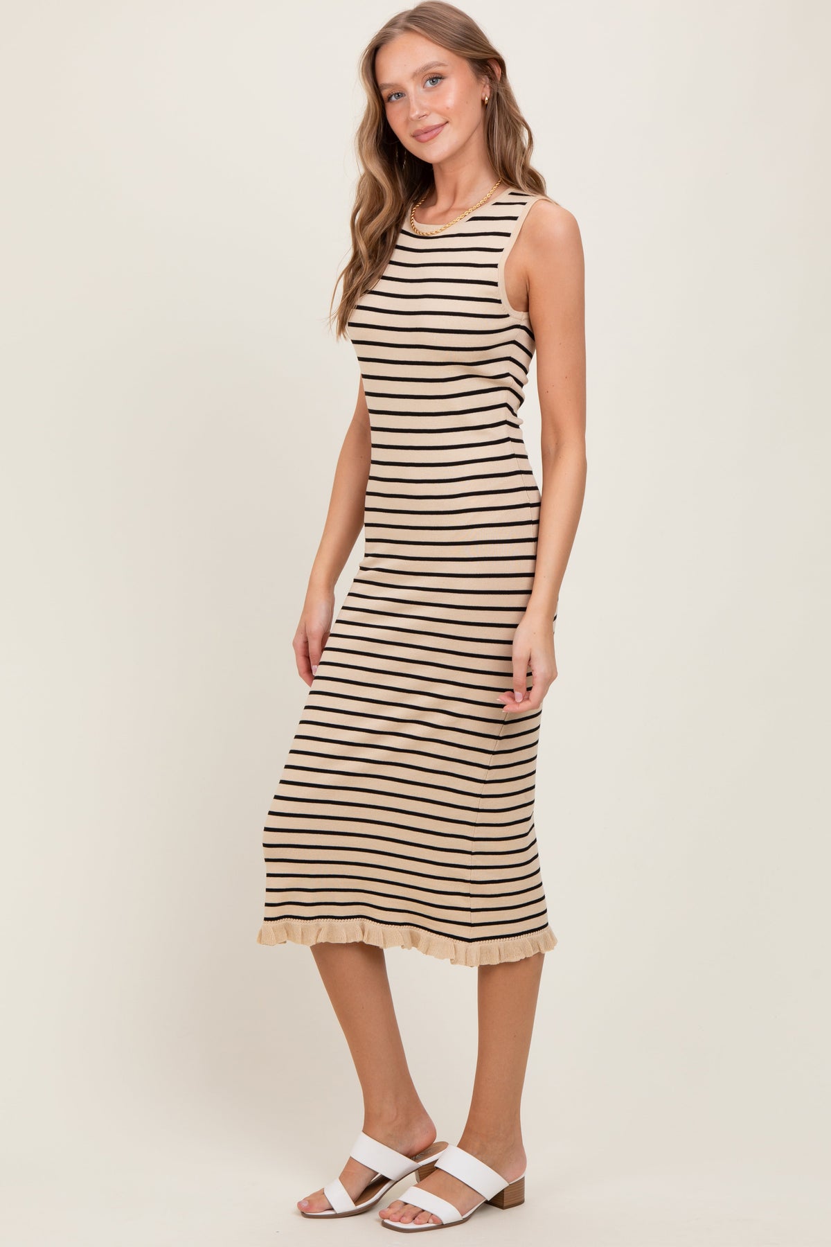 Beige Striped Knit Sleeveless Ruffle Hem Midi Dress
