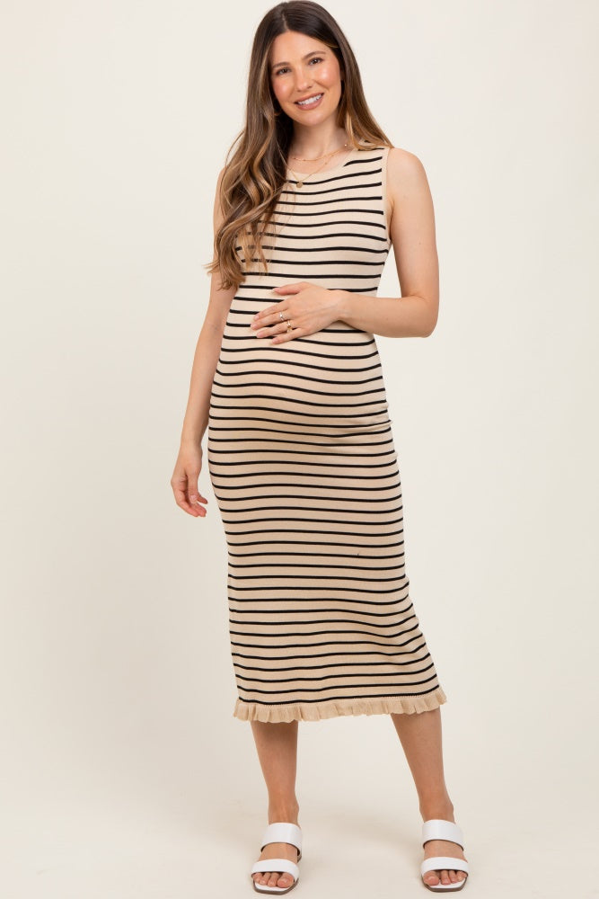 Beige Striped Knit Sleeveless Ruffle Hem Maternity Midi Dress