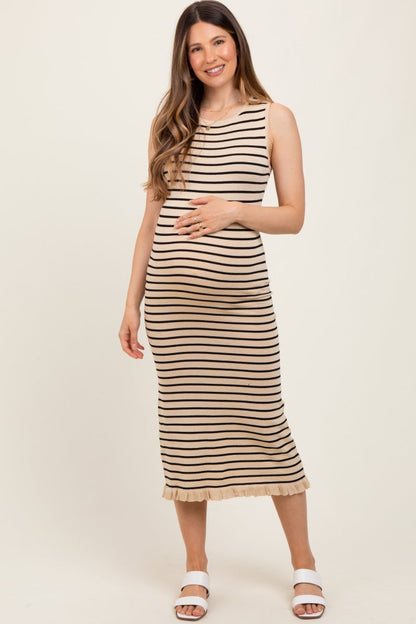 Beige Striped Knit Sleeveless Ruffle Hem Maternity Midi Dress