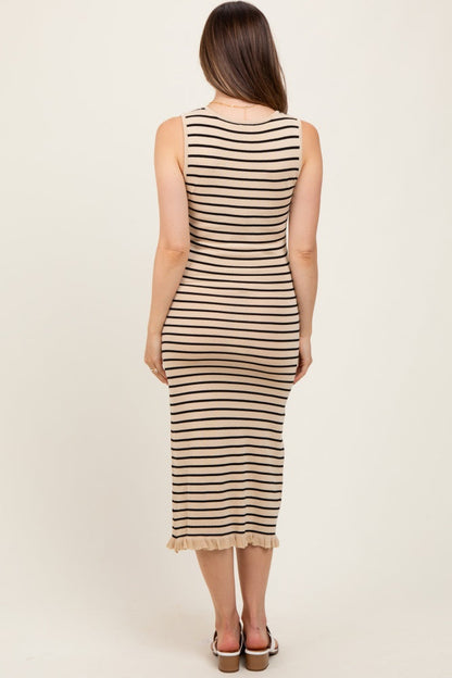 Beige Striped Knit Sleeveless Ruffle Hem Maternity Midi Dress