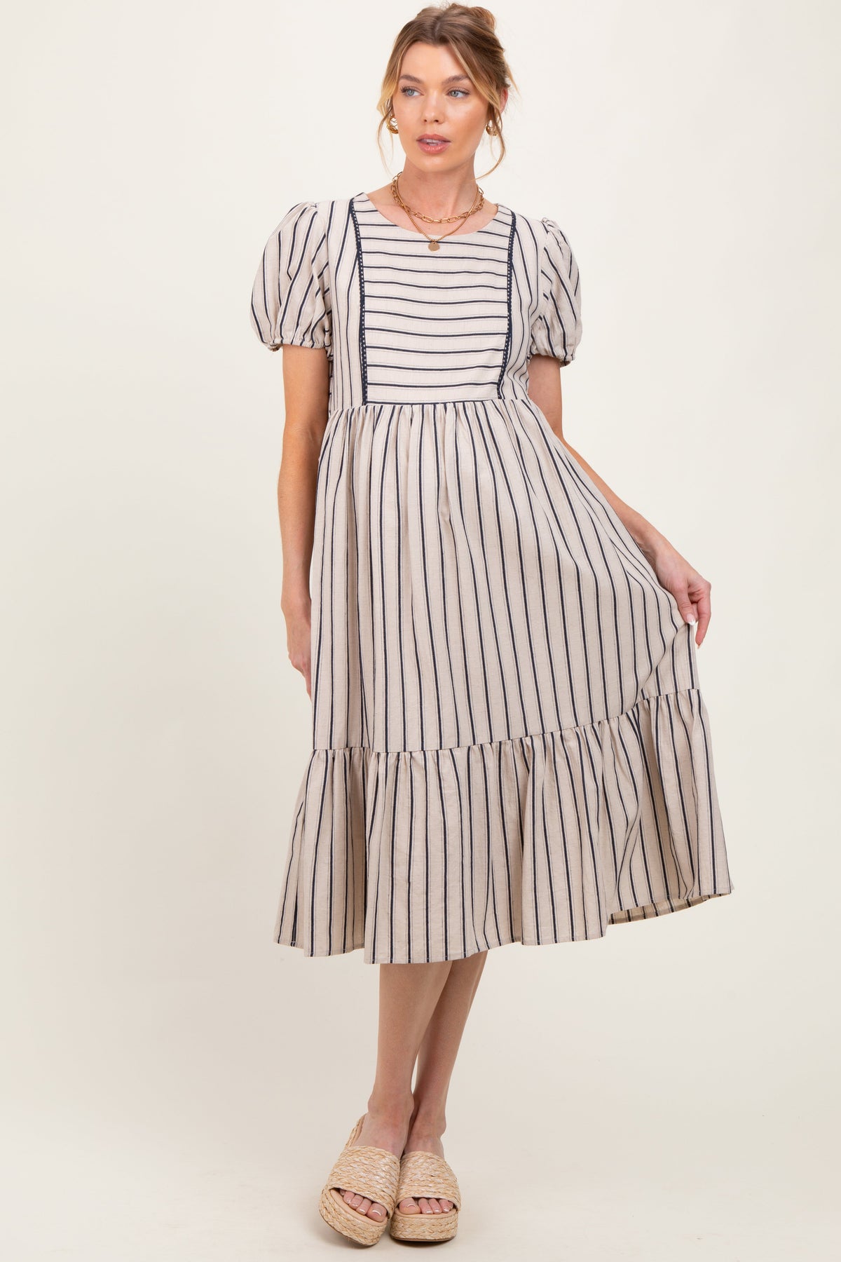 Beige Striped Short Sleeve Maternity Midi Dress