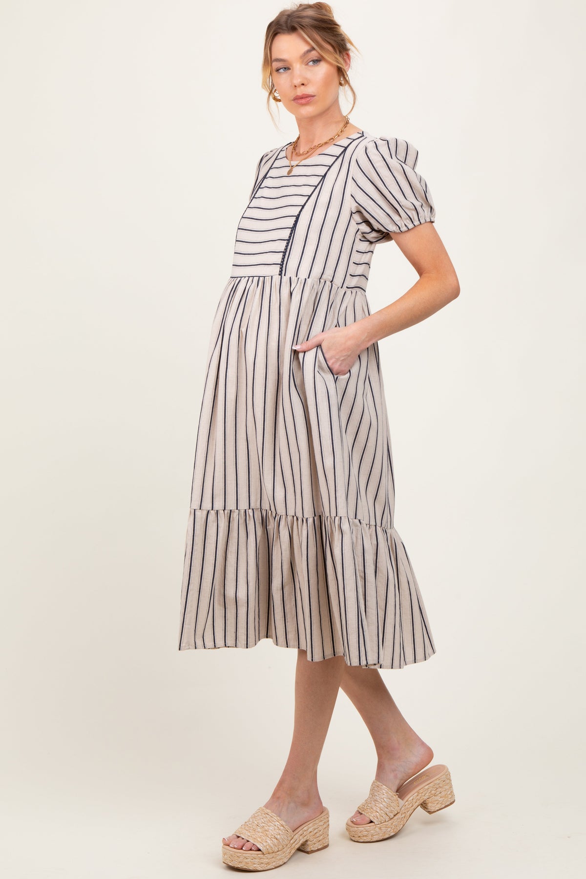 Beige Striped Short Sleeve Maternity Midi Dress