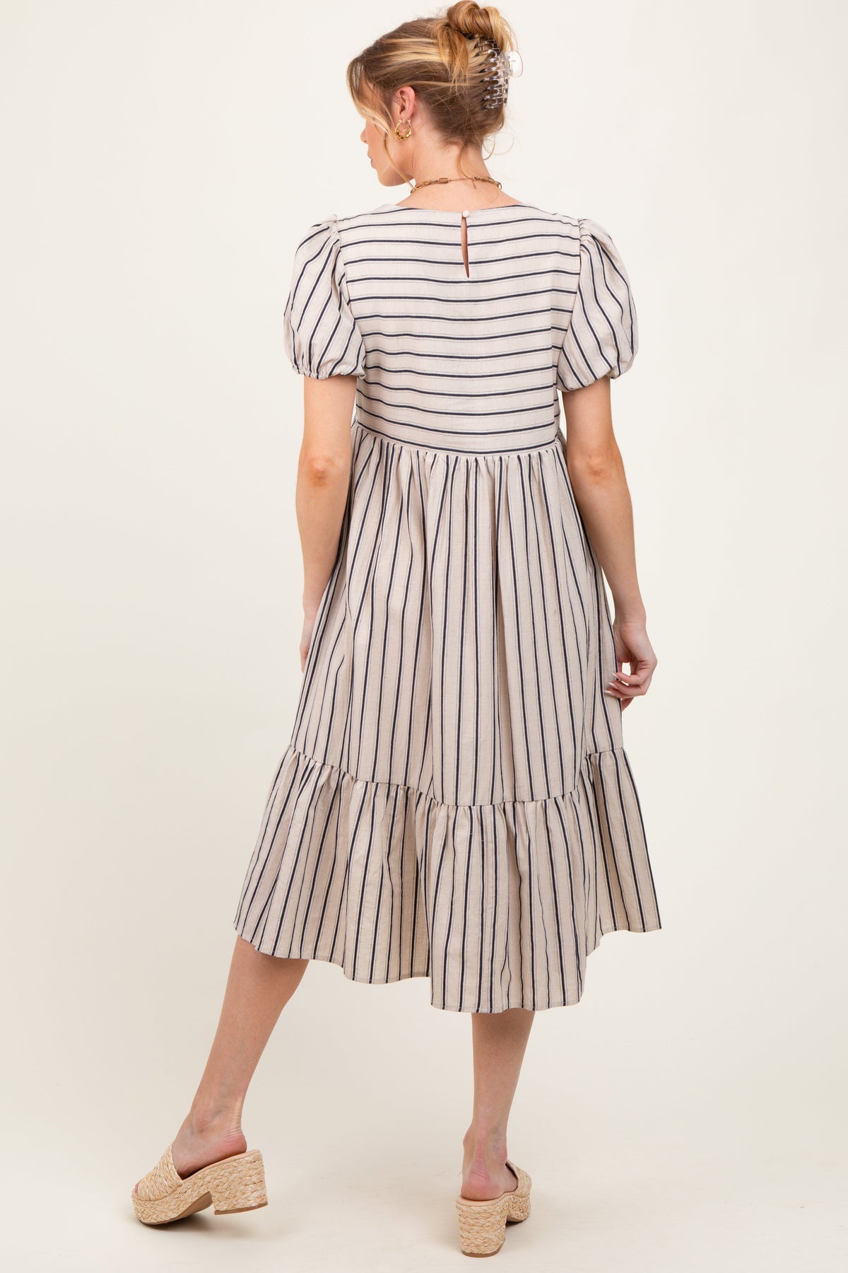 Beige Striped Short Sleeve Maternity Midi Dress