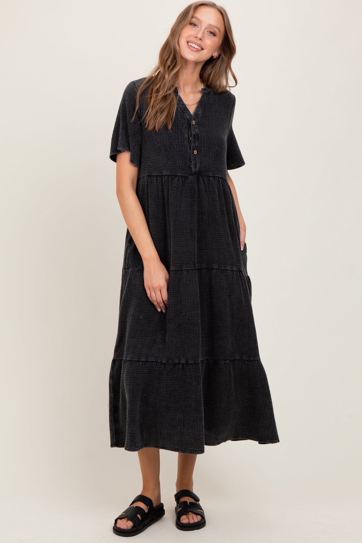 Black Button Front Tiered Maxi Dress
