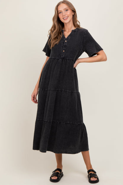 Black Button Front Tiered Maxi Dress