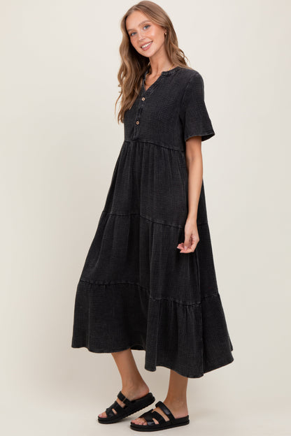 Black Button Front Tiered Maxi Dress