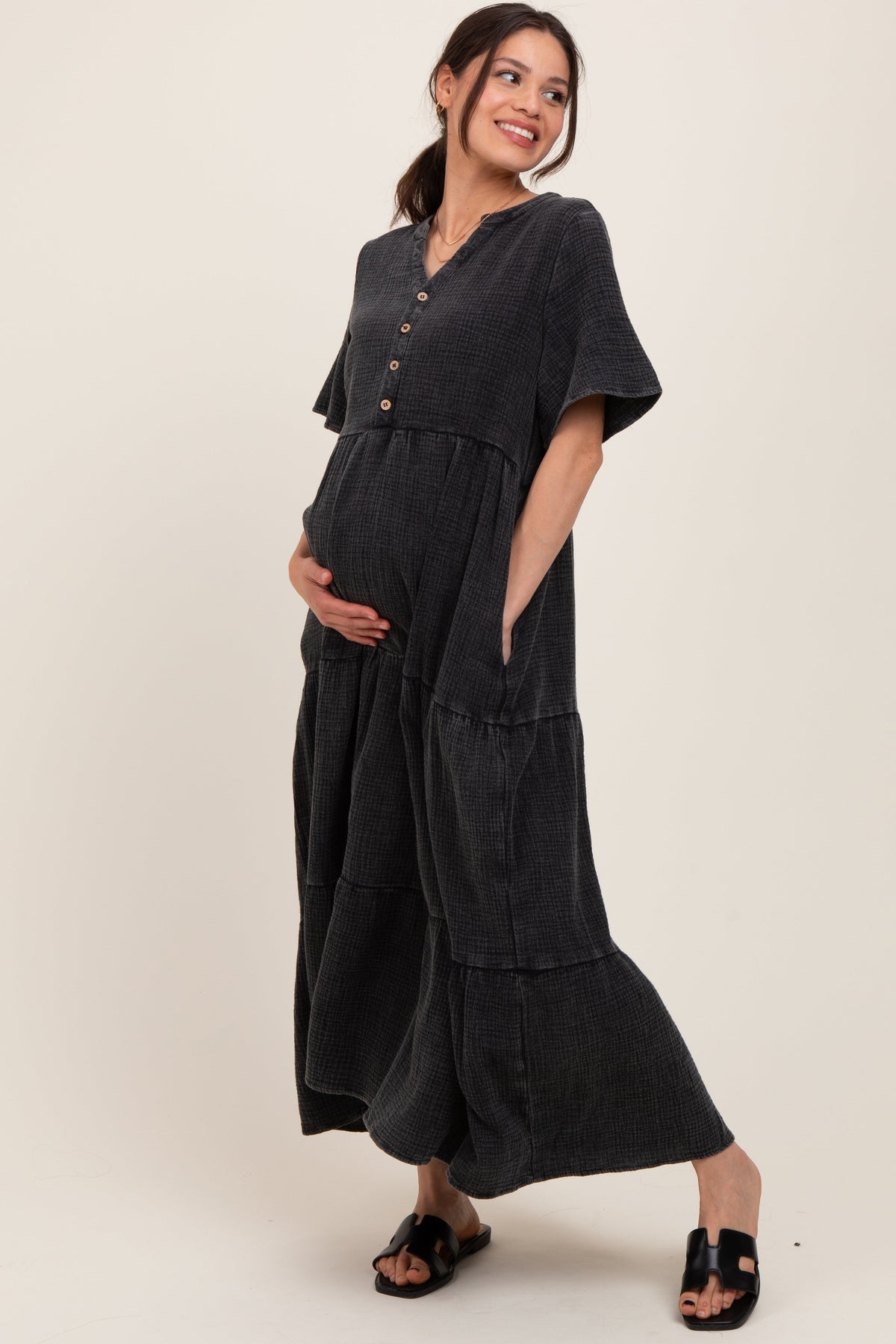 Black Button Front Tiered Maternity Maxi Dress