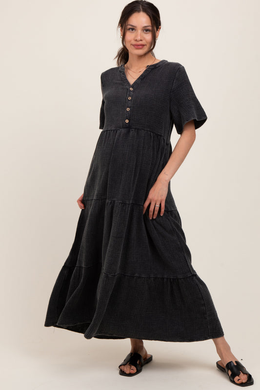 Black Button Front Tiered Maternity Maxi Dress