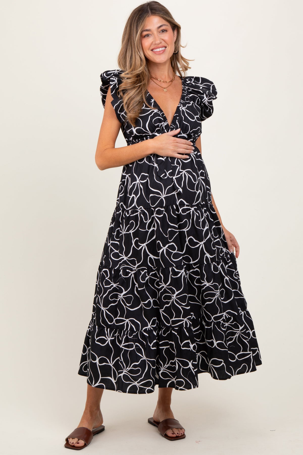Black Bow Print Ruffle Hem Maternity Midi Dress