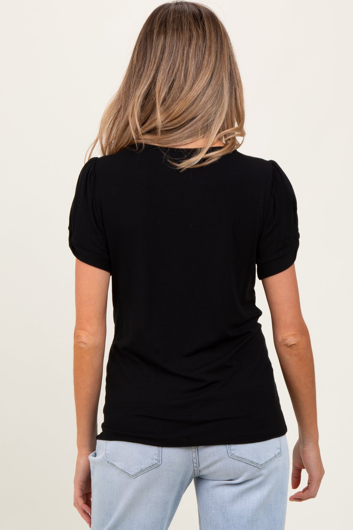 Black Basic Crew Neck Puff Sleeve Maternity Top