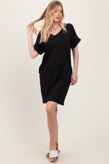 Black Brushed Rolled Short Sleeve V-Neck Dress