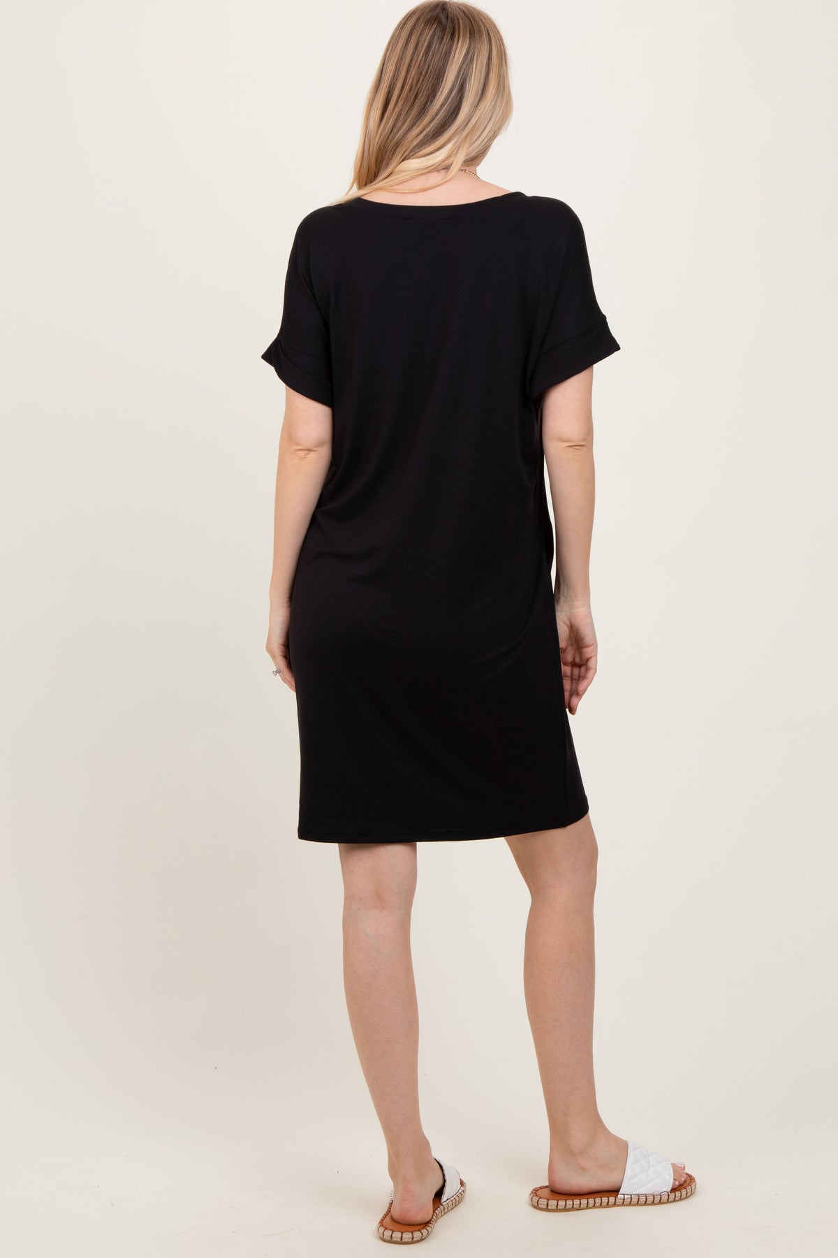 Black Brushed Rolled Short Sleeve V-Neck Dress