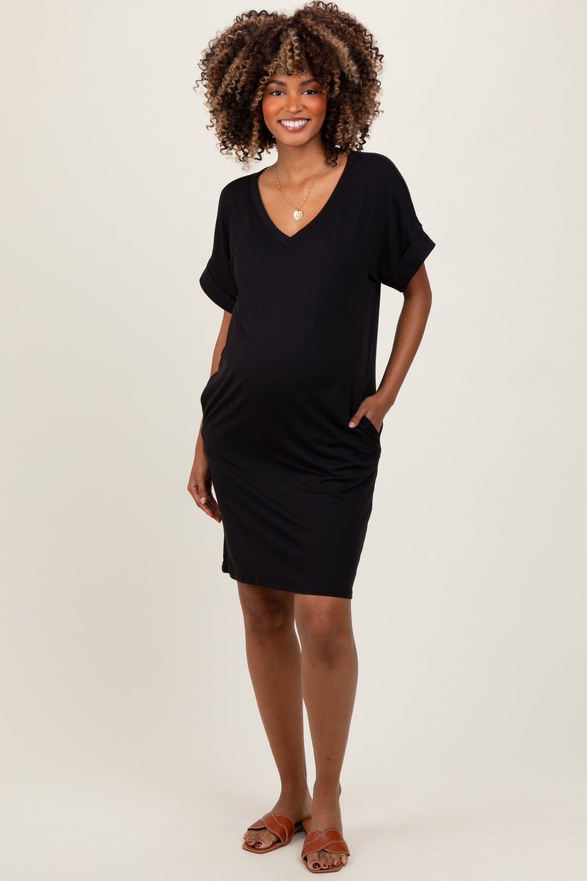 Black Brushed Rolled Short Sleeve V-Neck Maternity Dress