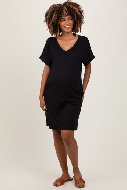 Black Brushed Rolled Short Sleeve V-Neck Maternity Dress