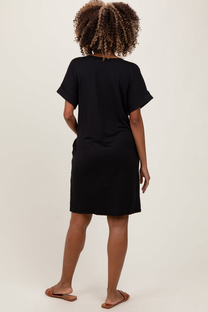 Black Brushed Rolled Short Sleeve V-Neck Maternity Dress
