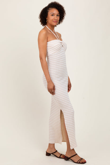 Beige Striped Halter Neck Fitted Maternity Maxi Dress