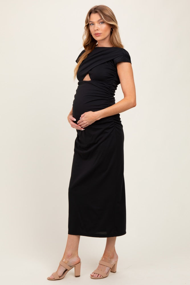 Black Asymmetrical Cutout Ruched Maternity Midi Dress
