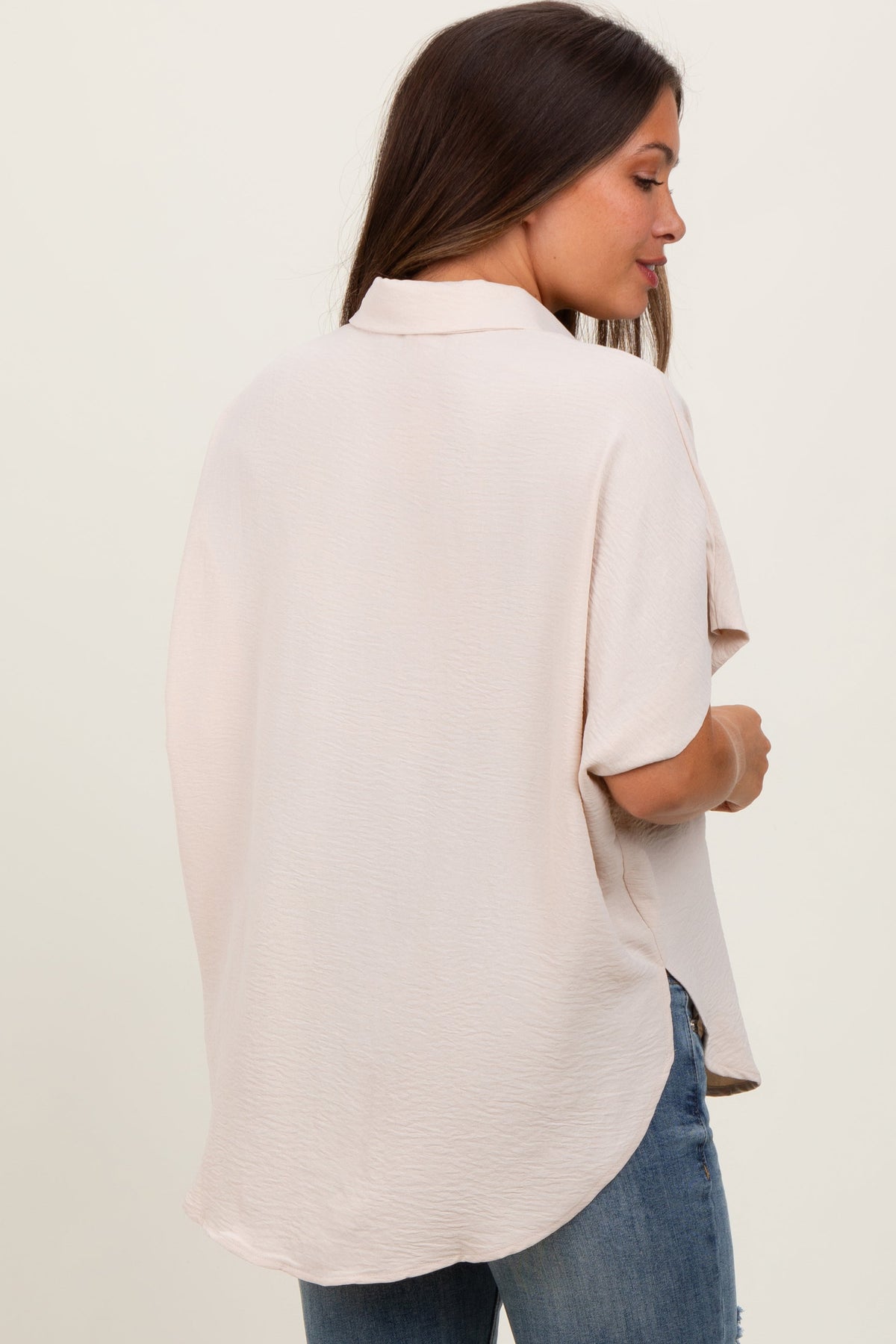 Beige Solid Collared Button-Up Maternity Top