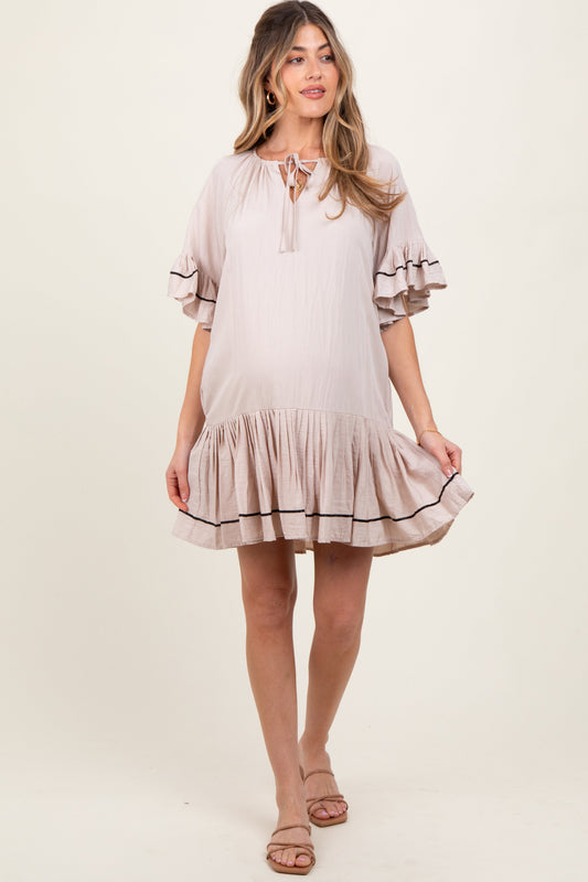 Beige Solid Short Sleeve Pocketed Maternity Dress