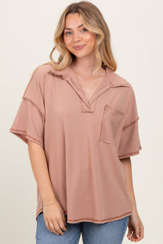 Beige Solid Ribbed Collar V-Neck Tunic Top