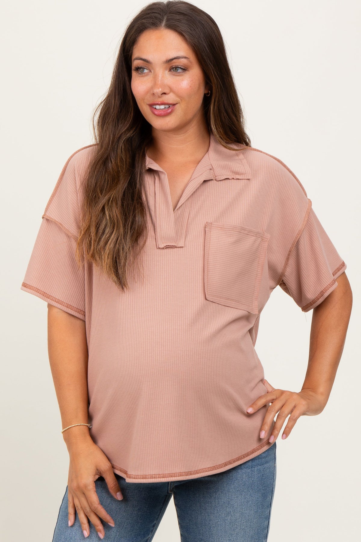 Beige Solid Ribbed Collar V-Neck Maternity Tunic Top