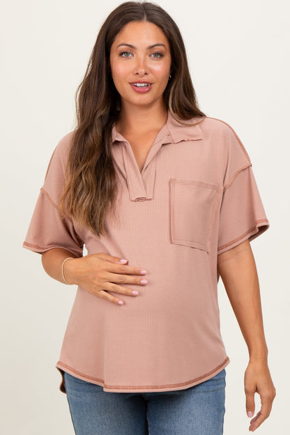 Beige Solid Ribbed Collar V-Neck Maternity Tunic Top