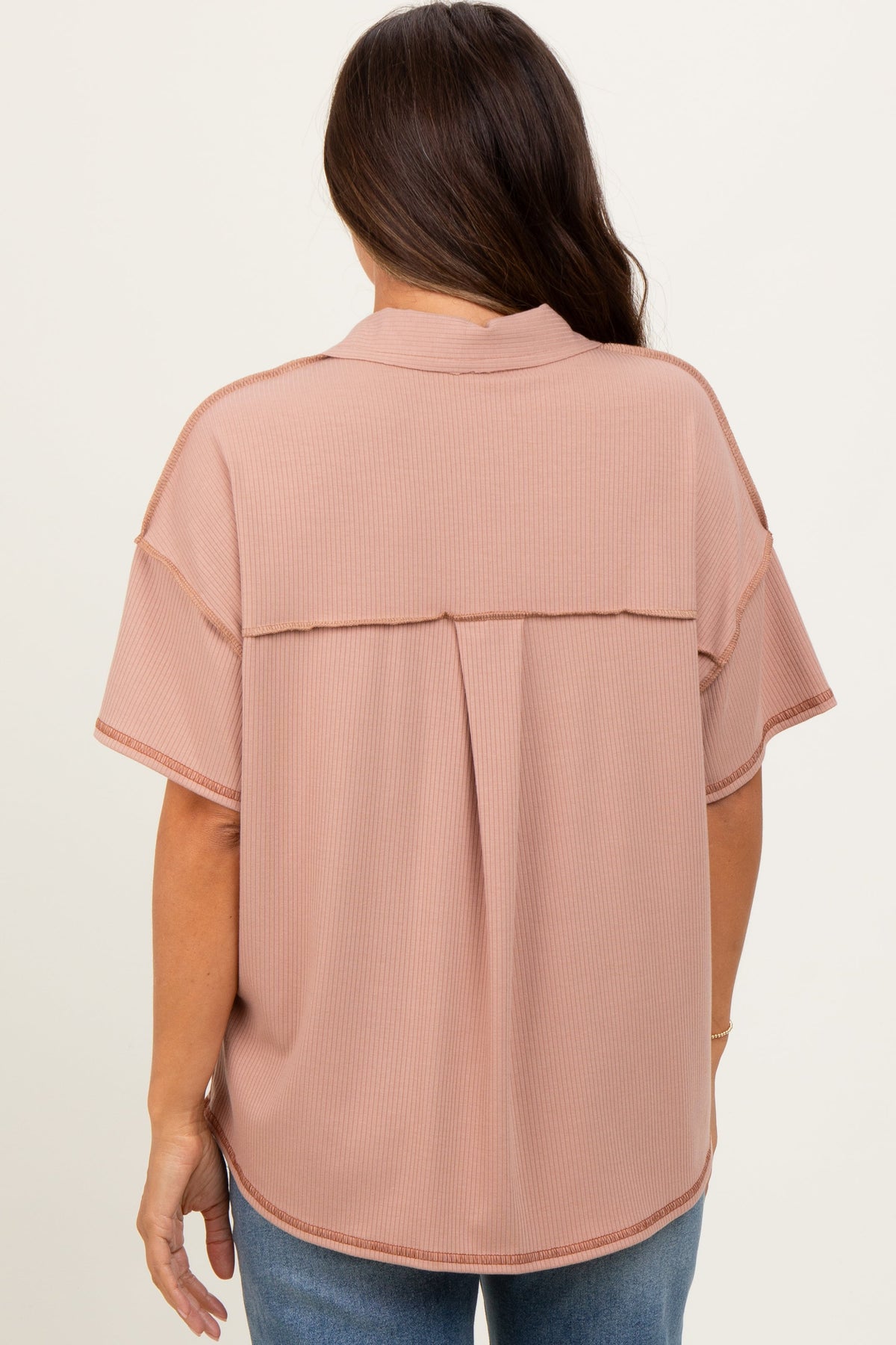Beige Solid Ribbed Collar V-Neck Maternity Tunic Top