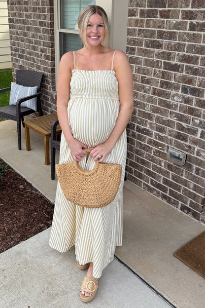 Beige Striped Sleeveless Smocked Poplin Maternity Maxi Dress