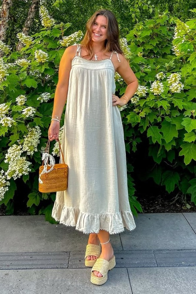Beige Scallop Trim Shoulder Tie Maxi Dress
