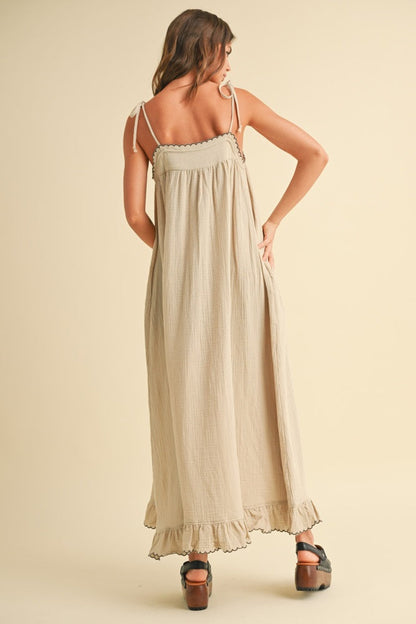 Beige Scallop Trim Shoulder Tie Maxi Dress