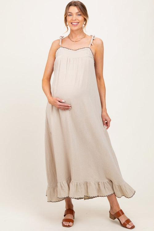 Beige Scallop Trim Shoulder Tie Maternity Maxi Dress