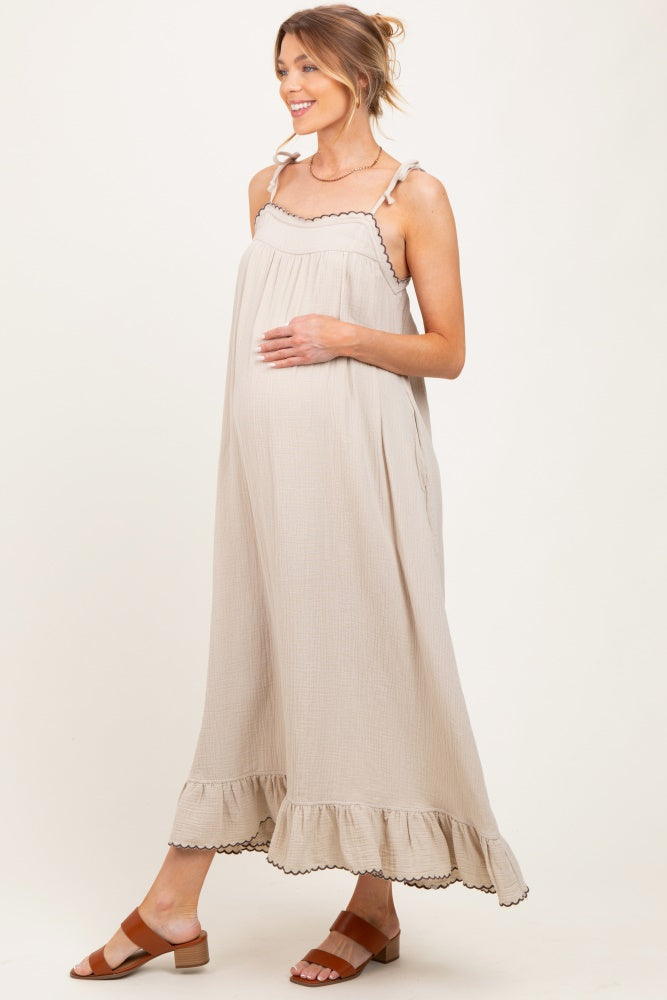 Beige Scallop Trim Shoulder Tie Maternity Maxi Dress