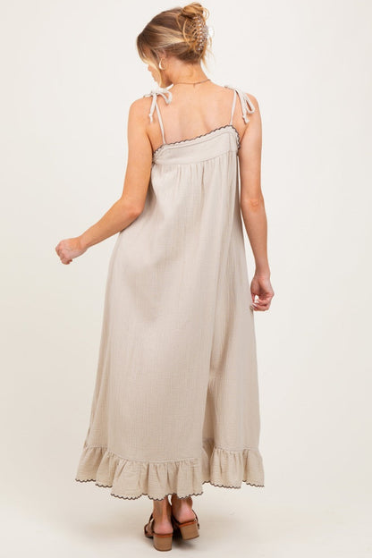 Beige Scallop Trim Shoulder Tie Maternity Maxi Dress