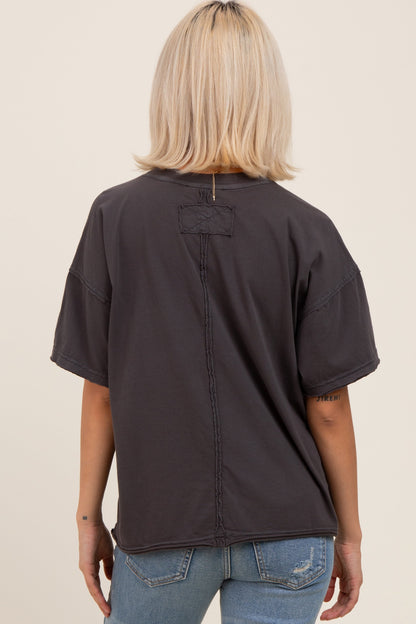 Black Boxy Raw Edge Maternity Short Sleeve Tee