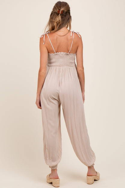 Beige Smocked Button Front Shoulder Tie Maternity Jumpsuit