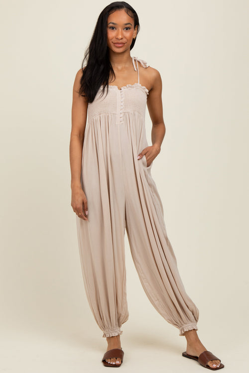 Beige Smocked Button Front Shoulder Tie Jumpsuit