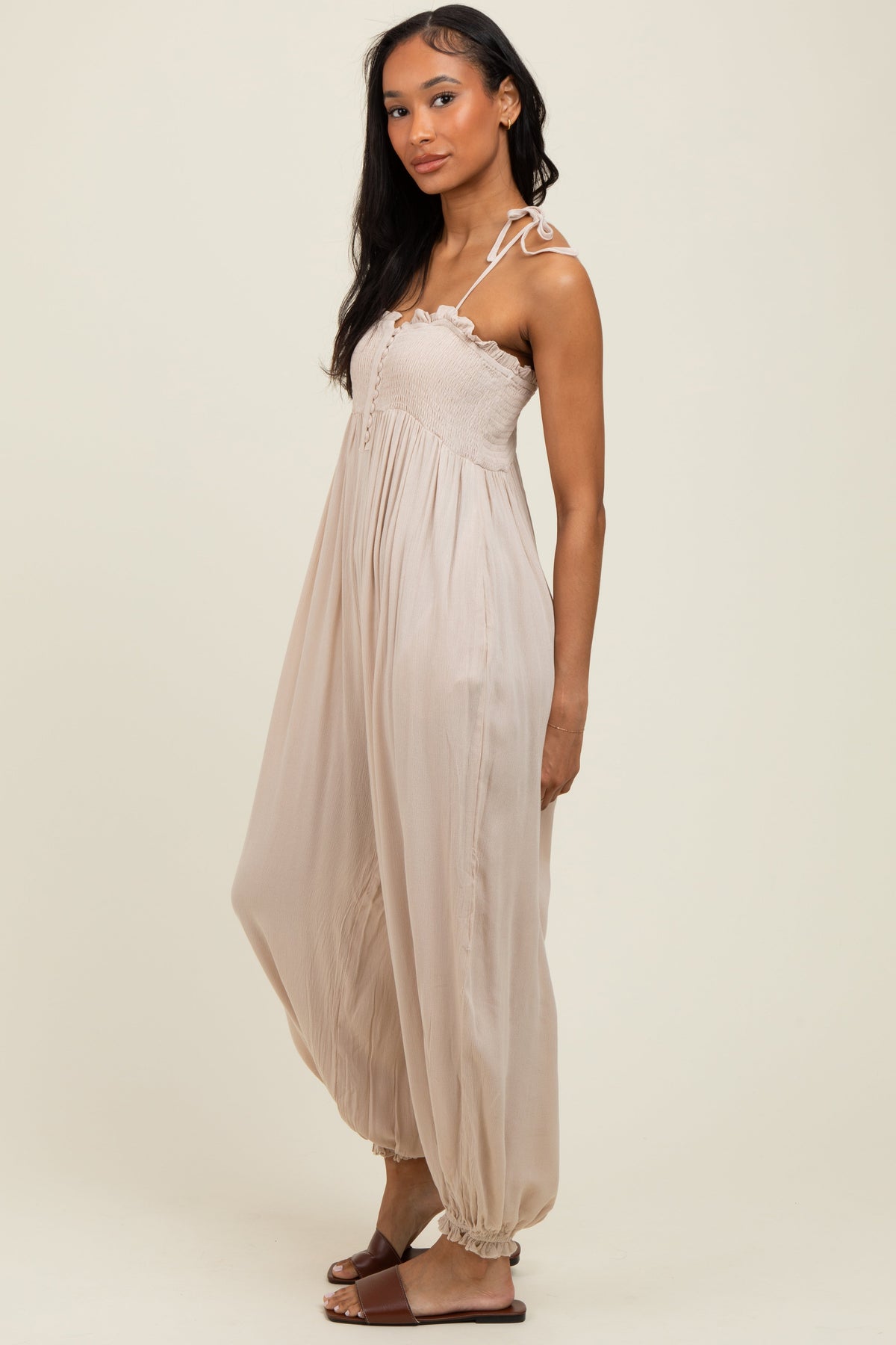 Beige Smocked Button Front Shoulder Tie Jumpsuit