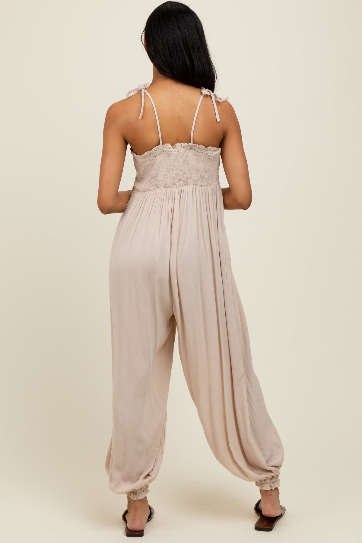 Beige Smocked Button Front Shoulder Tie Jumpsuit