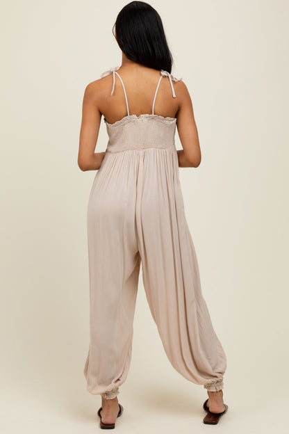 Beige Smocked Button Front Shoulder Tie Jumpsuit